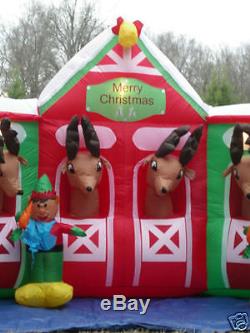13' Santa & Elves Feeding Reindeer Stable Lighted Christmas Airblown Inflatable