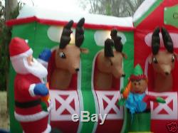 13' Santa & Elves Feeding Reindeer Stable Lighted Christmas Airblown Inflatable