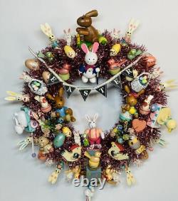 15.5 Vintage Wood Ornament Kitsch Wreath Easter Holiday Wreath Ornaments Bunny