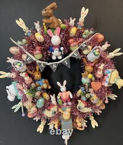 15.5 Vintage Wood Ornament Kitsch Wreath Easter Holiday Wreath Ornaments Bunny
