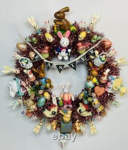 15.5 Vintage Wood Ornament Kitsch Wreath Easter Holiday Wreath Ornaments Bunny
