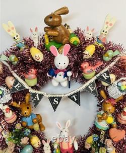 15.5 Vintage Wood Ornament Kitsch Wreath Easter Holiday Wreath Ornaments Bunny