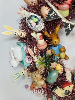 15.5 Vintage Wood Ornament Kitsch Wreath Easter Holiday Wreath Ornaments Bunny