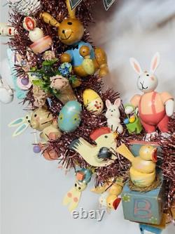 15.5 Vintage Wood Ornament Kitsch Wreath Easter Holiday Wreath Ornaments Bunny