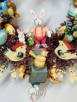 15.5 Vintage Wood Ornament Kitsch Wreath Easter Holiday Wreath Ornaments Bunny