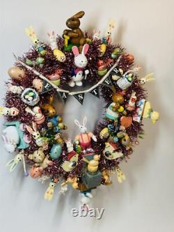 15.5 Vintage Wood Ornament Kitsch Wreath Easter Holiday Wreath Ornaments Bunny