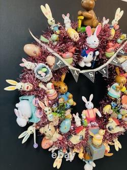 15.5 Vintage Wood Ornament Kitsch Wreath Easter Holiday Wreath Ornaments Bunny
