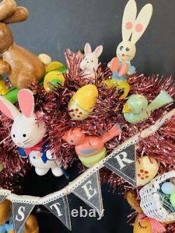15.5 Vintage Wood Ornament Kitsch Wreath Easter Holiday Wreath Ornaments Bunny