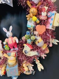 15.5 Vintage Wood Ornament Kitsch Wreath Easter Holiday Wreath Ornaments Bunny