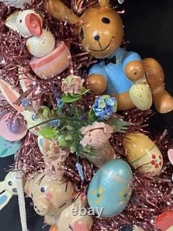 15.5 Vintage Wood Ornament Kitsch Wreath Easter Holiday Wreath Ornaments Bunny
