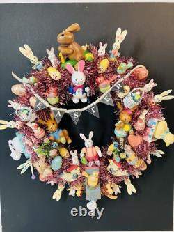 15.5 Vintage Wood Ornament Kitsch Wreath Easter Holiday Wreath Ornaments Bunny