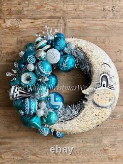 16 Blue Vintage Ornament Holiday Wreath, Johanna Parker Moon, Blue Christmas