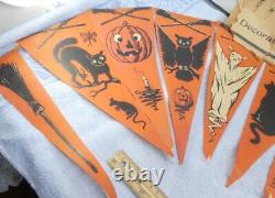 1920 RARE Halloween 5 1/2' Pennant Garland Witches Black Cat Pumpkin Bat Beistle
