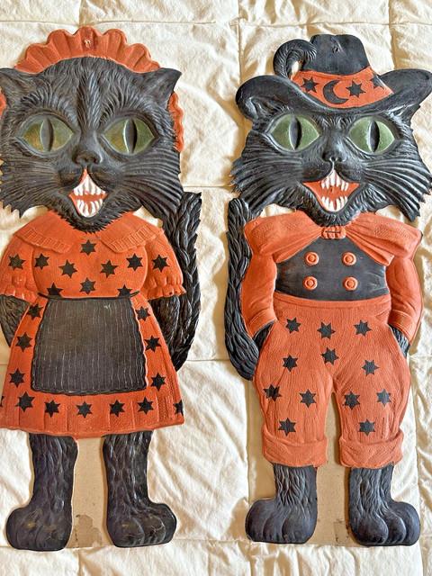 1920s Astrological Magic Cats Die Cut Heavily Embossed Halloween Couple