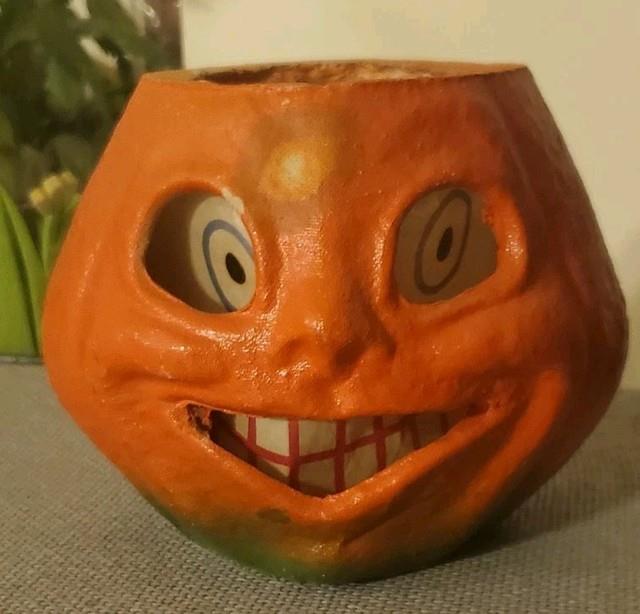 1930's Paper Mache Pulp Halloween Jack Lantern Pumpkin Paper Face Estate Vintage