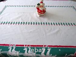 1950 Large Mid Century Modern Christmas Tablecloth by Startex Retro Flying Santa