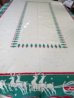 1950 Large Mid Century Modern Christmas Tablecloth by Startex Retro Flying Santa