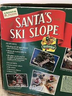 1992 Mr. Christmas Santa's Ski Slope Lift Snowman, Flags Skiers Complete Working