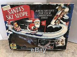 1992 Mr. Christmas Santa's Ski Slope Lift Snowman, Flags Skiers Complete Working