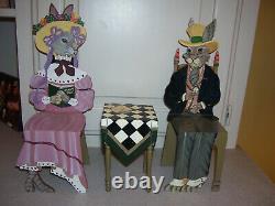 1994 Joanne West Hand Painted Through The Looking Glass 2 Bunny Chairs & Table
