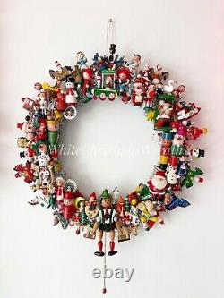 21.5 Vintage Wood Ornament Kitsch Wreath, Christmas Holiday Wreath, Ornaments