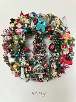 24 Vintage Kitsch Holiday Wreath, Vintage Christmas, Vintage Ornament Wreath