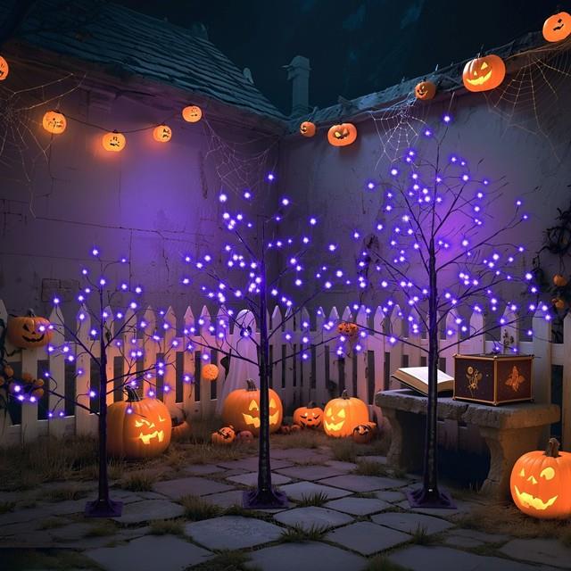 3 Pack Halloween Spooky Tree With Purple Lights, 4ft/5ft/6ft, For Halloween Decor