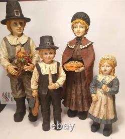 4 Piece Hand Painted Pilgrim Family Thanksgiving Figures VTG Large Handcrafted