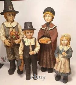 4 Piece Hand Painted Pilgrim Family Thanksgiving Figures VTG Large Handcrafted