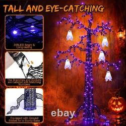 8FT Lighted Black Halloween Tree with Ghosts & 355 LED Lights Spooky Decor