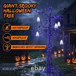 8FT Lighted Black Halloween Tree with Ghosts & 355 LED Lights Spooky Decor