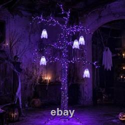 8FT Lighted Black Halloween Tree with Ghosts & 355 LED Lights Spooky Decor