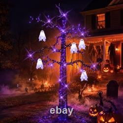 8FT Lighted Black Halloween Tree with Ghosts & 355 LED Lights Spooky Decor