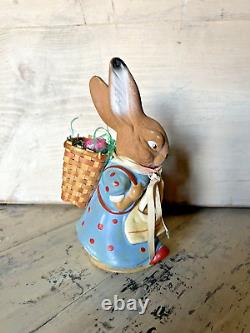 ANTIQUE Easter Bunny RABBIT CANDY CONTAINER Paper Mache Vintage German BASKET