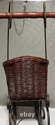 Antique 1900s Rattan Wicker Sleigh sled doll Wrought Iron LG 32 Christmas Decor