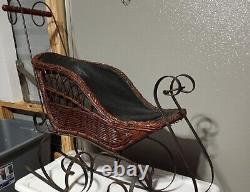 Antique 1900s Rattan Wicker Sleigh sled doll Wrought Iron LG 32 Christmas Decor