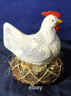 Antique 1930s Large German Vtg Easter Candy Container, Chicken On Nest W Chicks