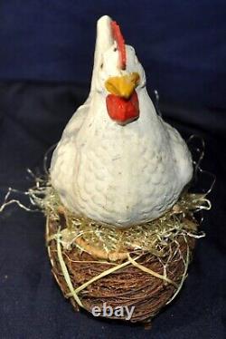 Antique 1930s Large German Vtg Easter Candy Container, Chicken On Nest W Chicks