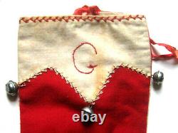 Antique Christmas Wool Cotton Stocking Hand Embroidered Bells Initial G