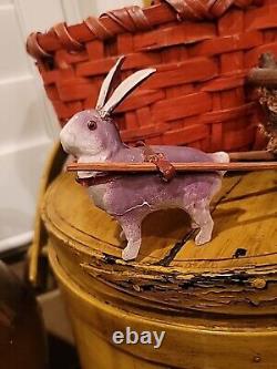 Antique Easter Papier Mache Rabbit & Wood Moss Cart Glass Eyes Germany 10 1/2