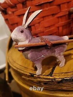 Antique Easter Papier Mache Rabbit & Wood Moss Cart Glass Eyes Germany 10 1/2