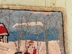 Antique Folk Art Grenfell Christmas Hand Hooked Rug