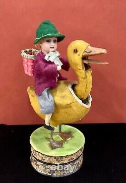 Antique German Easter Girl riding Nodding Duck Candy Container