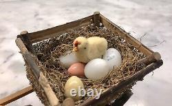 Antique German Easter Rabbit Pulling Cart With Eggs And Chickadee