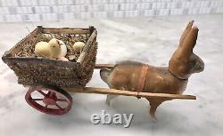 Antique German Easter Rabbit Pulling Cart With Eggs And Chickadee