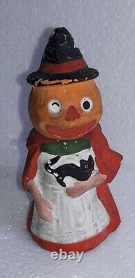 Antique German Halloween Candy Container JACK-O-LANTERN Witch Body Black Cat