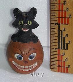 Antique German Halloween JACK-O-LANTERN Black Cat Candy Container (Top Only)