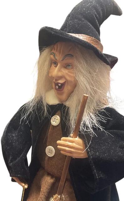 Antique German Halloween Witch Felt Outfit Wooden Stand Holding Cauldron