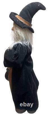 Antique German Halloween Witch Felt Outfit Wooden Stand Holding Cauldron