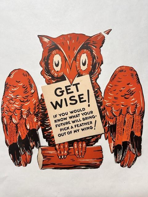 Antique Gibson Halloween Fortune Owl Get Wise Pick A Feather Rare Collectible